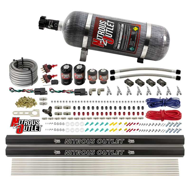 Nitrous Outlet 4 Cylinder Dual Stage Direct Port System - Two .122 Nitrous Solenoids/Two .177 Fuel Solenoids/Distribution Blocks/Annular Discharge Nozzles (Gas)(45-55 psi)(50-250HP)(12lb Bottle)