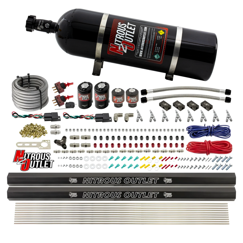 Nitrous Outlet 4 Cylinder Dual Stage Direct Port System - Two .122 Nitrous Solenoids/Two .177 Fuel Solenoids/Distribution Blocks/Annular Discharge Nozzles (Gas)(45-55 psi)(50-250HP)(15lb Bottle)