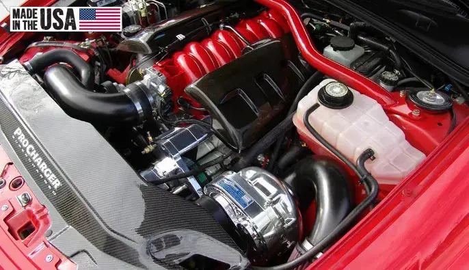 ProCharger installation in a Pontiac GTO engine bay; reference installation, selected supercharger and finish may differ