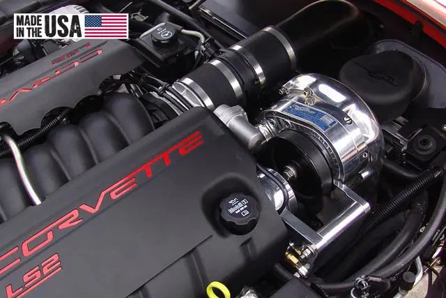 ProCharger installed on Corvette C6 LS2, shown with optional polished finish; installation reference