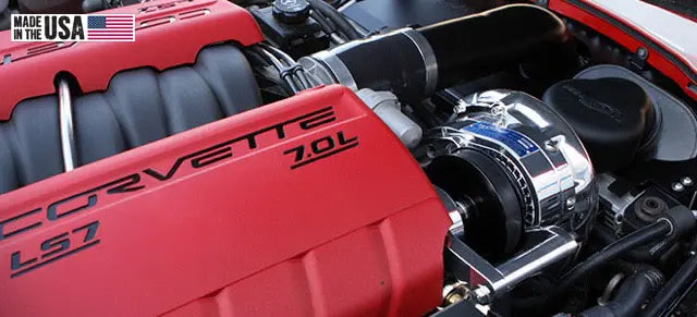 ProCharger installation on Corvette LS7 7.0L with optional polished finish; vehicle and engine not included