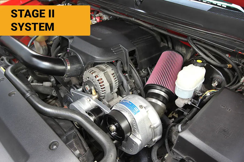 ProCharger GM truck Stage II dedicated-drive reference installation; selected head unit and finish may vary