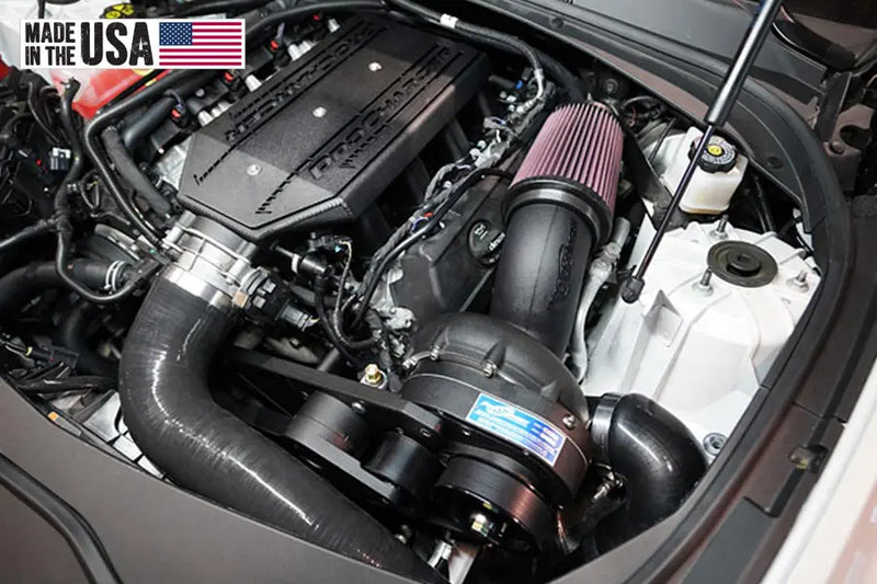 ProCharger installation in a 2016–2019 Cadillac CTS-V LT4; reference configuration, selected supercharger and manifold finishes may differ