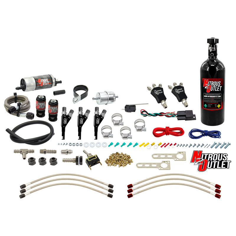 Nitrous Outlet Powersports Three Cylinder Wet Nozzle System (Aluminum 90 Degree Nozzles)(Gas)(6 psi)(30,45,60,75,90 HP)(5LB Bottle)
