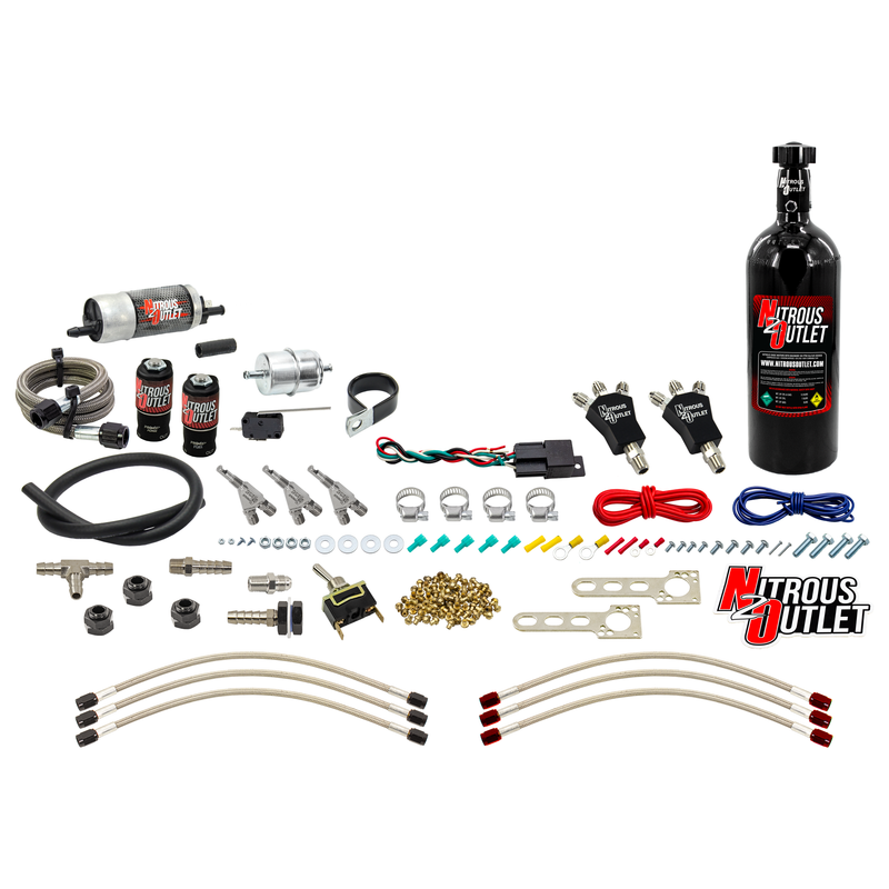 Nitrous Outlet Powersports Three Cylinder Wet Nozzle System (Stainless 90 Degree Nozzles)(Gas)(6 psi)(30,45,60,75,90 HP)(5LB Bottle)