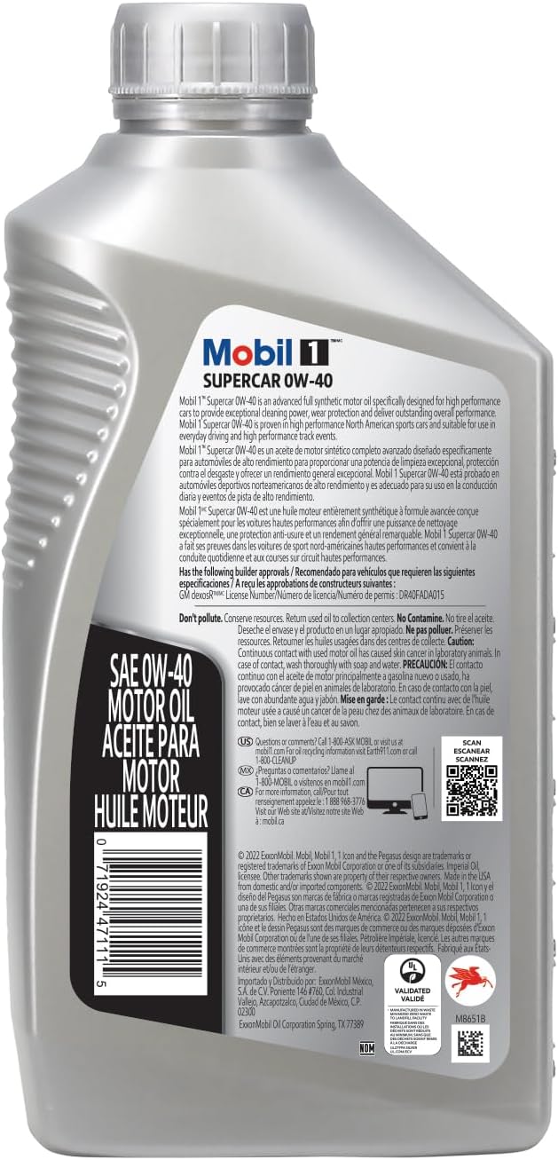 Mobil 1 Supercar Advanced Full Synthetic Motor Oil 0W-40, 6-pack of 1 quarts