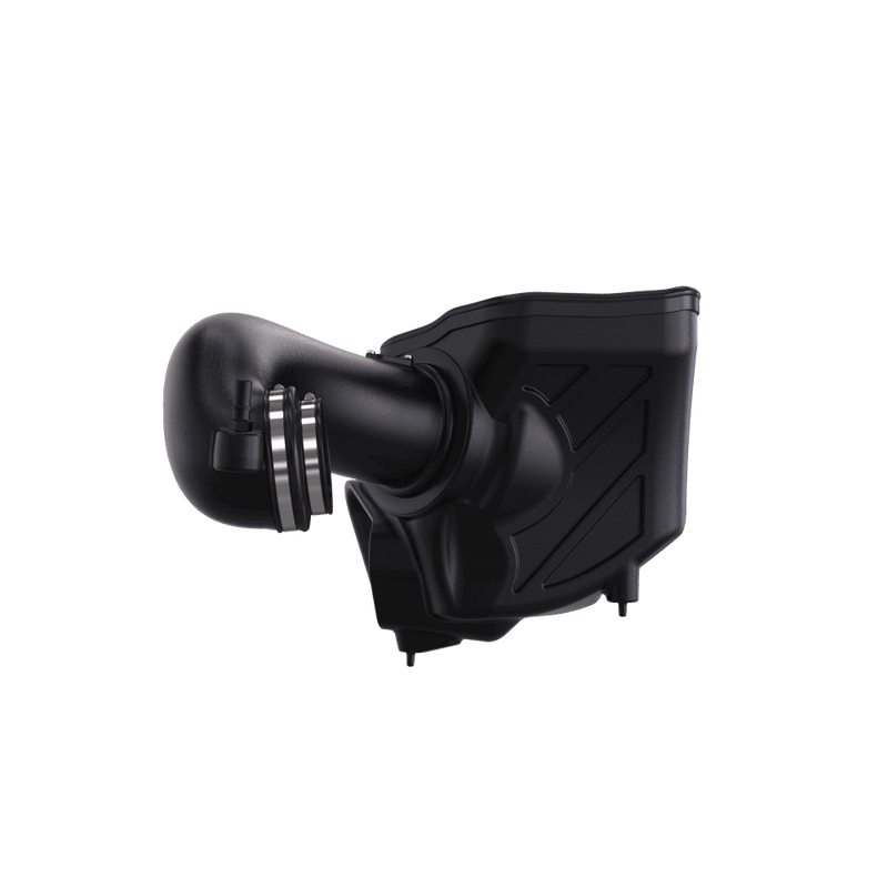 Right-side view of the JLT CAI-75-5205 Blackwing intake showing the airbox, tube, coupler and clamps