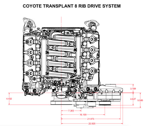 ProCharger Coyote swap standard-mount reference dimensions; confirm selected supercharger clearance