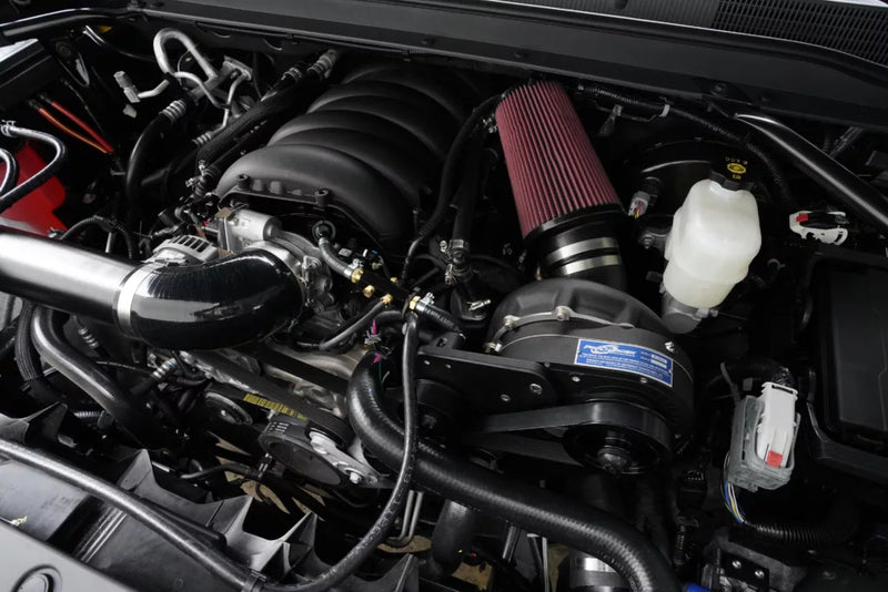 ProCharger HO installed in a GM truck/SUV; black finish shown, selected supercharger and bracket finishes may vary