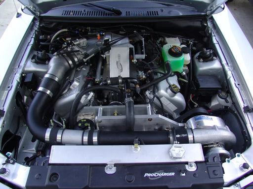 ProCharger 2003-2004 Mustang Cobra installation reference; selected hardware and finish may differ