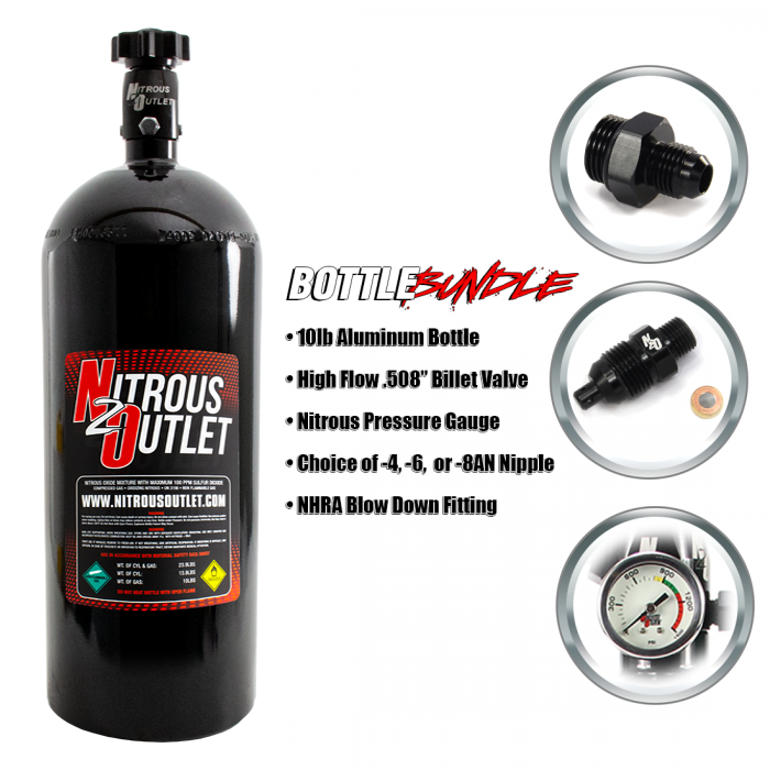Nitrous Outlet 10lb Bottle Bundle - .508 ID Billet Valve/6AN Nipple/NHRA Blow Off/Pressure Gauge