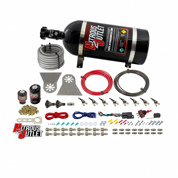 Nitrous Outlet 8 Cylinder Direct Port System - .122 Nitrous Solenoids/.177 Fuel Solenoids/Nylon Hose/Showerhead Distribution Blocks/90 Degree Discharge Nozzles (Gas)(45-55 psi)(100-500HP)(12lb Bottle)