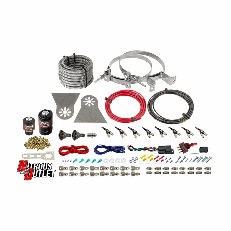 Nitrous Outlet 8 Cylinder Direct Port System - .122 Nitrous Solenoids/.177 Fuel Solenoids/Nylon Hose/Showerhead Distribution Blocks/90 Degree Discharge Nozzles (Gas)(45-55 psi)(100-500HP)(No Bottle)