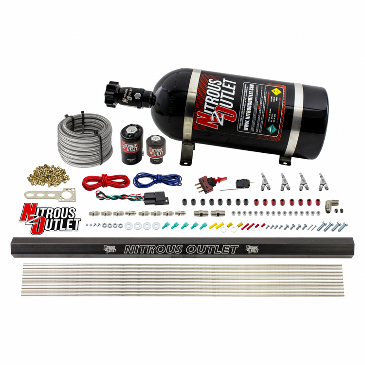 Nitrous Outlet 4 Cylinder Direct Port System - .122 Nitrous Solenoids/.177 Fuel Solenoids/Dual Passage Injection Rail/Annular Discharge Nozzles (E85)(5-7-10 psi)(50-250HP)(10lb Bottle)