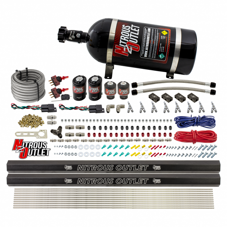 Nitrous Outlet 4 Cylinder Dual Stage Direct Port System - Two .122 Nitrous Solenoids/Two .177 Fuel Solenoids/Distribution Blocks/Annular Discharge Nozzles (E85)(45-55 psi)(50-250HP)(12lb Bottle)