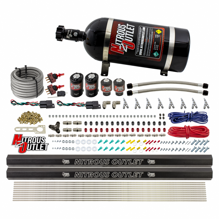 Nitrous Outlet 4 Cylinder Dual Stage Direct Port System - Two .122 Nitrous Solenoids/Two .177 Fuel Solenoids/Two Dual Passage Injection Rails/Annular Discharge Nozzles (Gas)(45-55 psi)(50-250HP)(12lb Bottle)