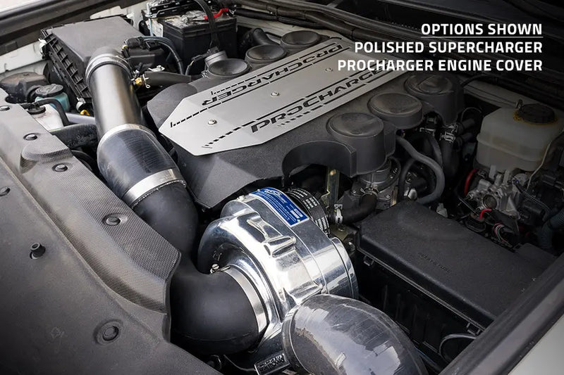 ProCharger Toyota 4Runner 4.0L installation reference, showing optional polished supercharger and engine cover; vehicle and optional parts are not included.