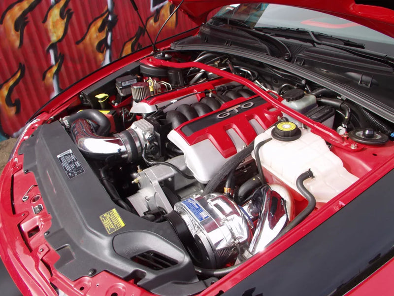 ProCharger installation in a Pontiac GTO engine bay; reference installation, selected supercharger and finish may differ