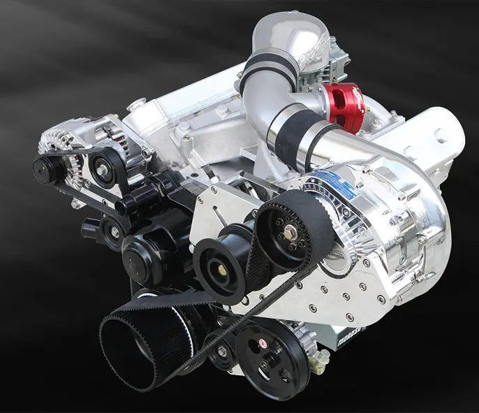 ProCharger LS cog-drive installation reference. Engine, accessories and optional components shown are not included; appearance varies by selected supercharger and finish.