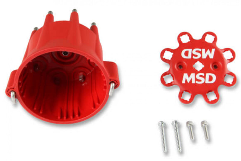 MSD Distributor Cap - V8 - HEI Terminals - Red - Spark Plug Wire Retainer