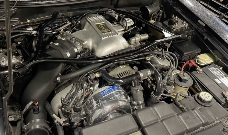 ProCharger 1996-1998 Mustang Cobra installation reference; selected hardware and finish may differ