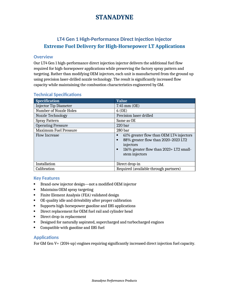 Stanadyne LT4 Gen 1 high-performance direct injector technical specifications