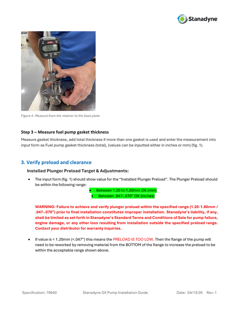 Stanadyne RGX installed plunger preload requirements and adjustment guidance