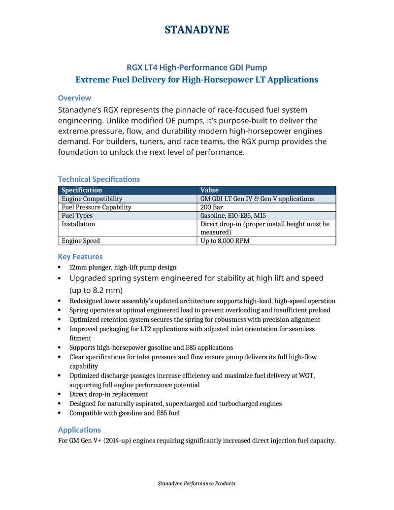 Stanadyne RGX LT4 high-performance GDI pump technical specifications