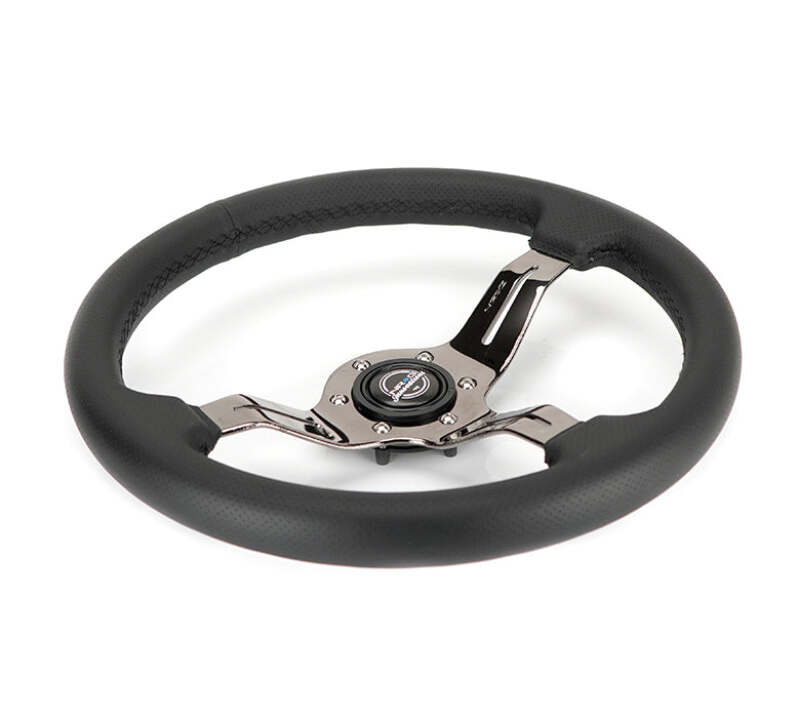 NRG Light Weight Gaming Steering Wheel - 350mm 3 Black Chrome Spokes Perforated Leather
