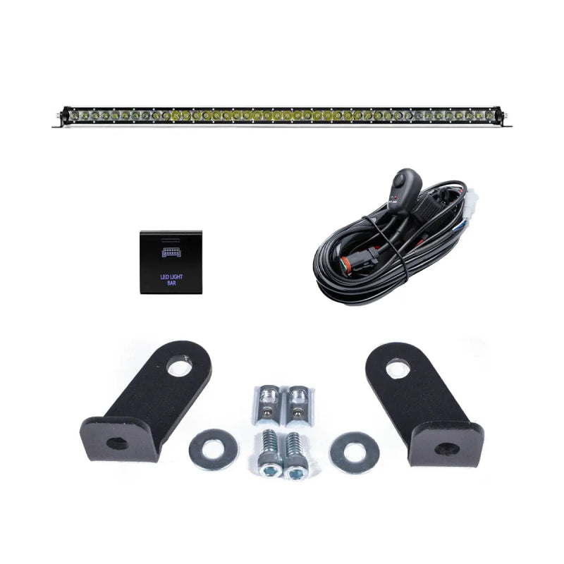 Cali Raised 40in Cutout Prinsu Roof Rack 42in Led Light & Bracket Kit w/ Square Blue Backlit Switch