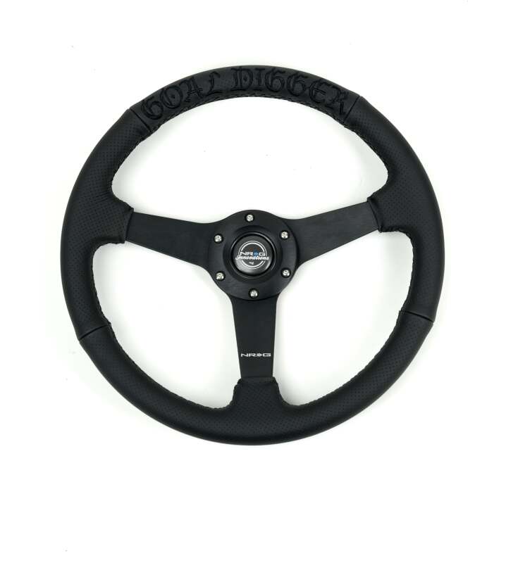 NRG Reinforced Black Perforated Leather Steering Wheel 350mm / 1.5in Deep w/ Goal Digger Blk Stitch