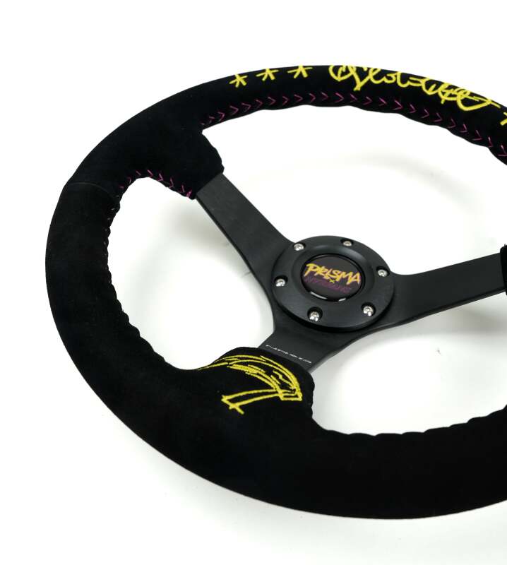 NRG Reinforced Black Perforated Leather Steering Wheel 350mm / 3in Deep w/ NVR Embroidery