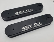 Pair of black tall GM LS center-bolt aluminum valve covers with machined 427 C.I. Stroker logos