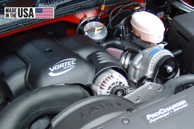 ProCharger manufacturer installation reference for 1999–2003 GM truck HO system, shown on a Vortec 6000; engine and vehicle equipment are not included.