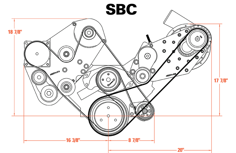 ProCharger SBC classic accessory-drive layout reference; optional conversion shown, not a model-specific supercharger depiction. Confirm selected hardware clearance.
