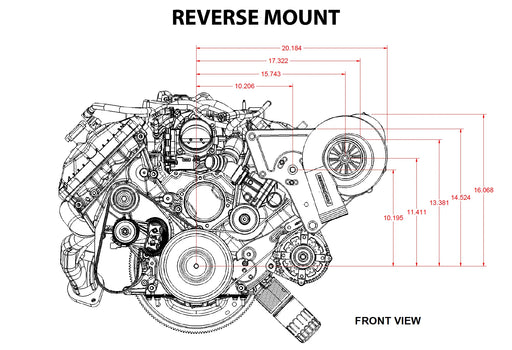 ProCharger Coyote swap reverse-mount reference dimensions; confirm selected supercharger clearance