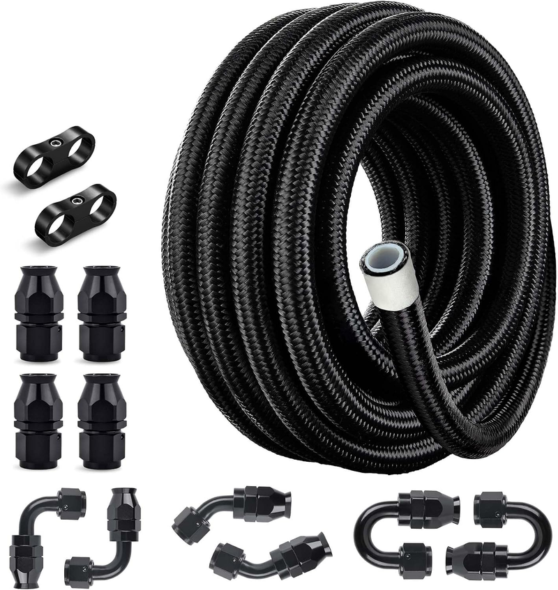 Representative black braided self-assembled PTFE fuel line and hose end package