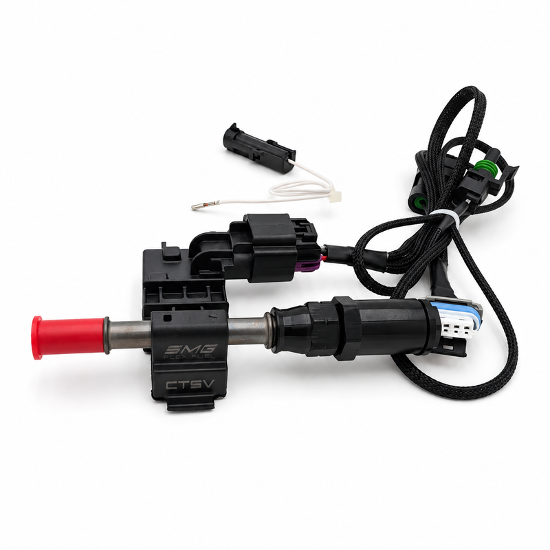 SMG CTS-V3 LT4 flex fuel kit V3 assembled with sensor, wiring harness and pigtail on a white background
