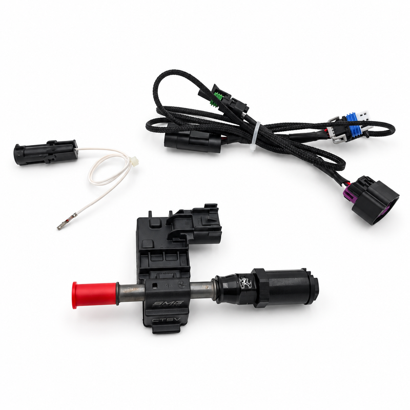 SMG CTS-V3 LT4 flex fuel kit V3 sensor assembly, braided wiring harness and pigtail on a white background