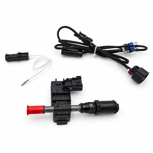 SMG CTS-V3 LT4 flex fuel kit V3 sensor assembly, braided wiring harness and pigtail on a white background