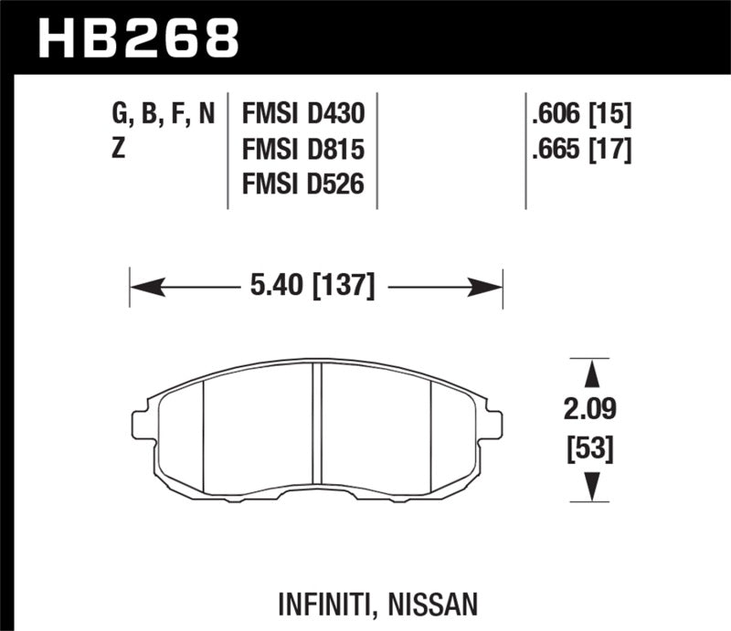 Hawk DTC-60 Front Race Brake Pads for Select Nissan and Infiniti Applications - HB268G.665