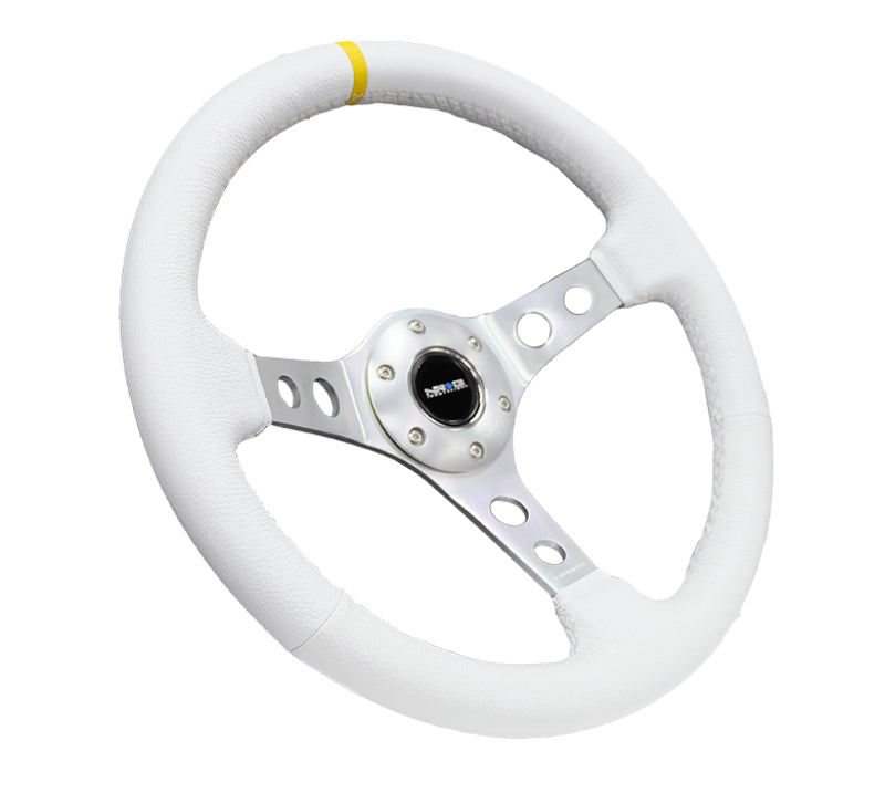 NRG Reinforced Steering Wheel (350mm / 3in. Deep) White Leather w/Silver Spoke & Single Yellow Mark