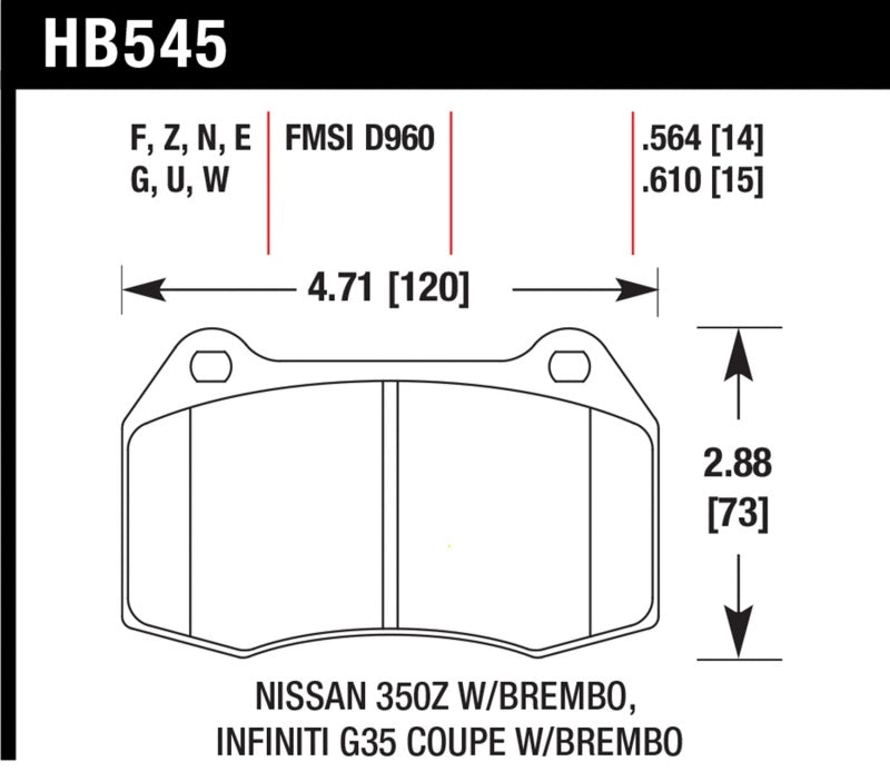 Hawk HPS Front Brake Pads for Nissan 350Z, Infiniti G35 and Sentra SE-R with Brembo Brakes - HB545F.564