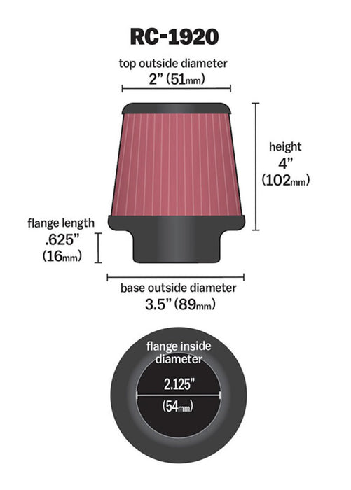 K&N Universal Clamp-On Air Filter 2-1/8in Flange 3-1/2in