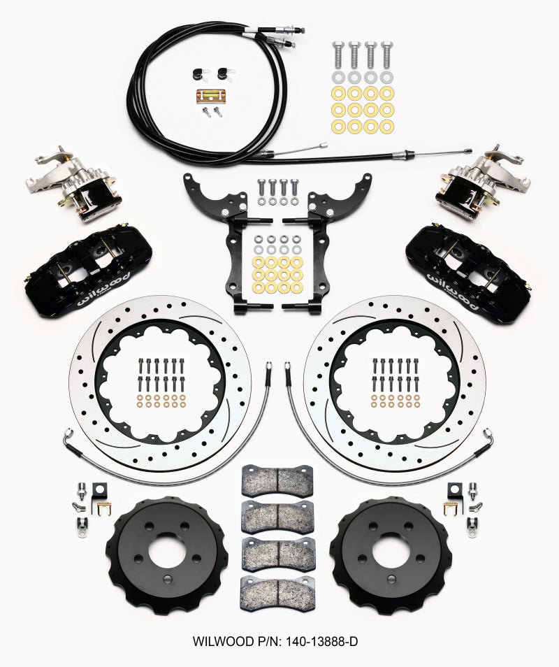 Wilwood AERO4 / MC4 Rear Kit 14.00 Drilled 15-23 Mustang w/Lines & Cables