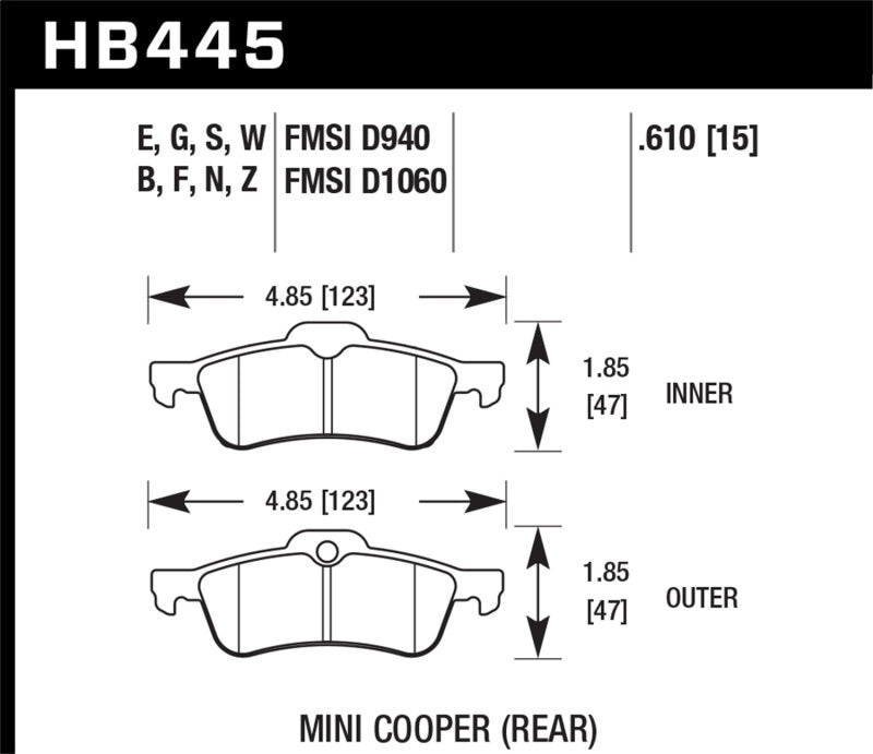 Hawk HP+ Rear Brake Pads for 2002-2009 MINI Cooper - HB445N.610