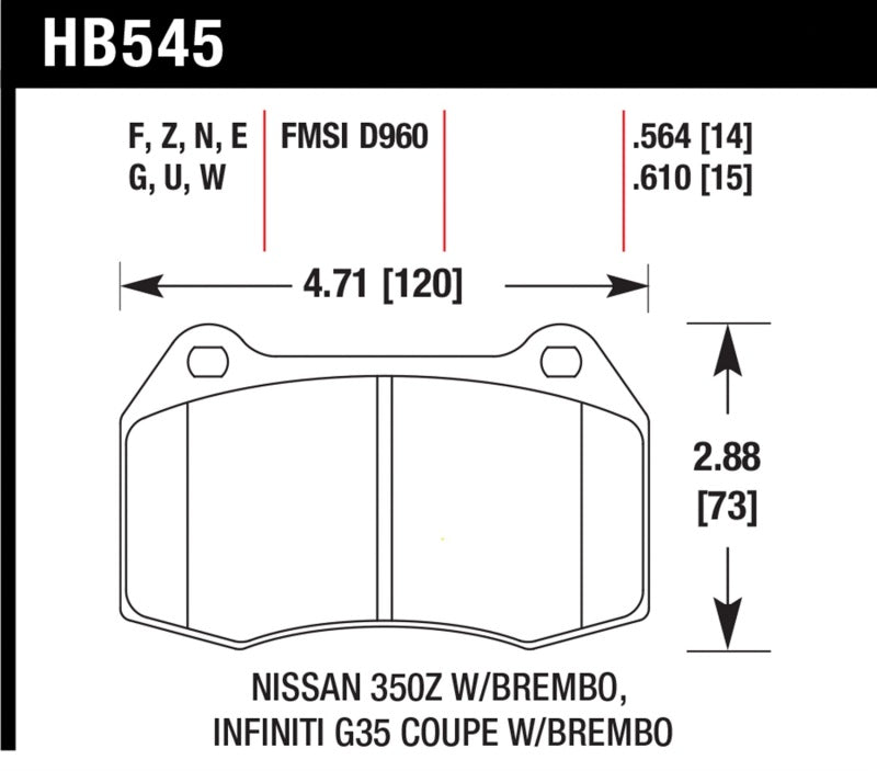 Hawk DTC-60 Front Race Brake Pads for Nissan 350Z and Infiniti G35 with Brembo Brakes - HB545G.564