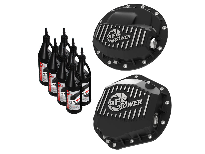 aFe Pro Series F&amp;R Differential Cover Black w/ Machined Fins 13-18 RAM 6.7L w/ 75W90 Synth Gear Oil