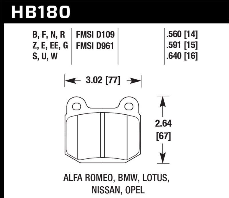 Hawk Performance Ceramic Rear Brake Pads for Select Alfa Romeo, BMW, Lotus, Mitsubishi, Nissan and Subaru Applications - HB180Z.560
