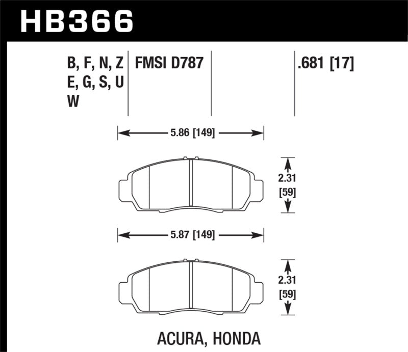 Hawk DTC-70 Front Race Brake Pads for Select Acura and Honda Applications - HB366U.681